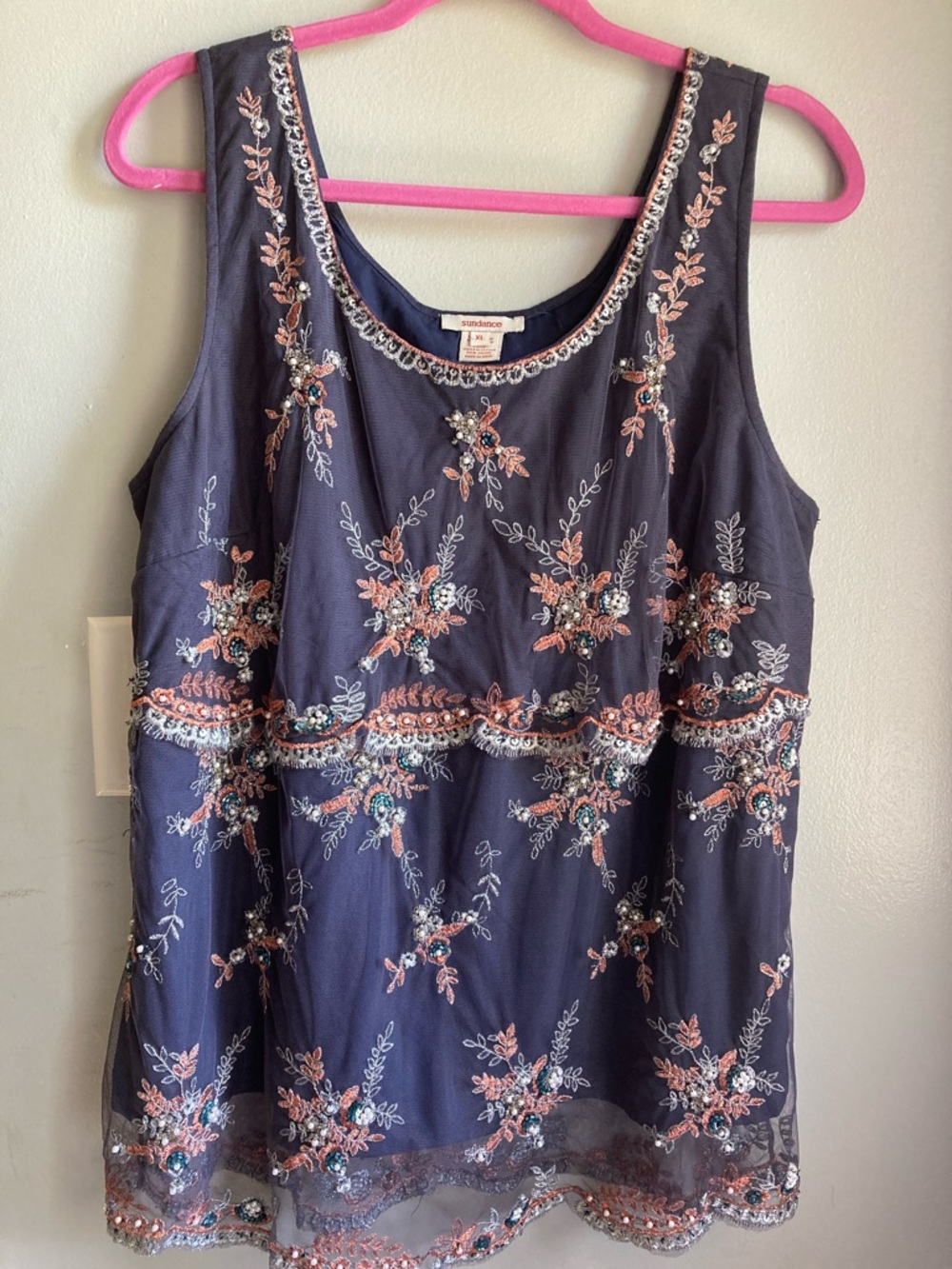 Sundance Navy Beaded Floral Embroidered Tank